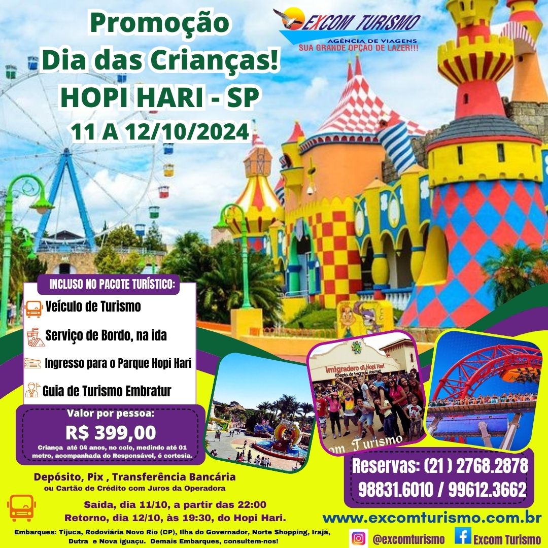 11 a 12/10/2024 - Parque Temático HOPI HARI  - São Paulo *** Promoção Dia das Crianças!!!